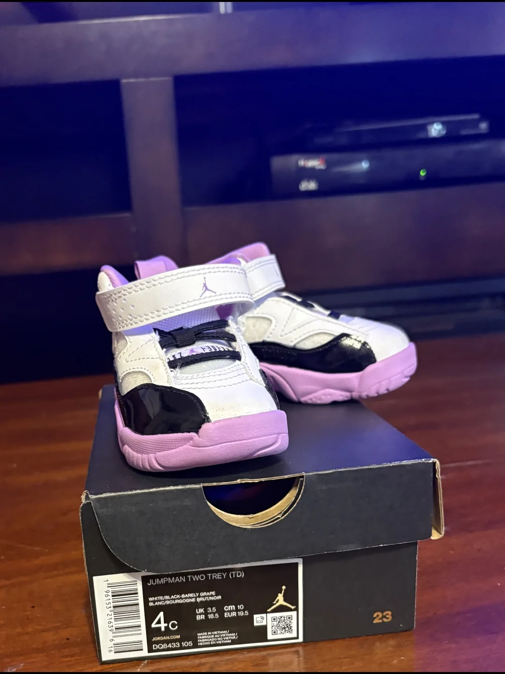 Jordan Kids White Black Purple Sneakers with Strap